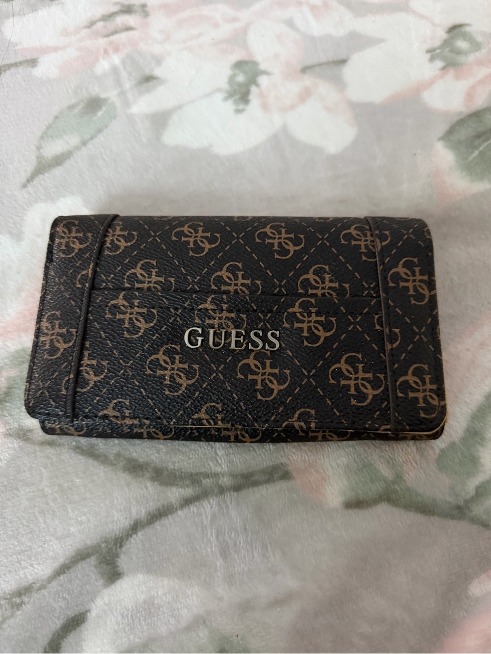 GUESS Brown and Tan Monogram Card Holder Wallet